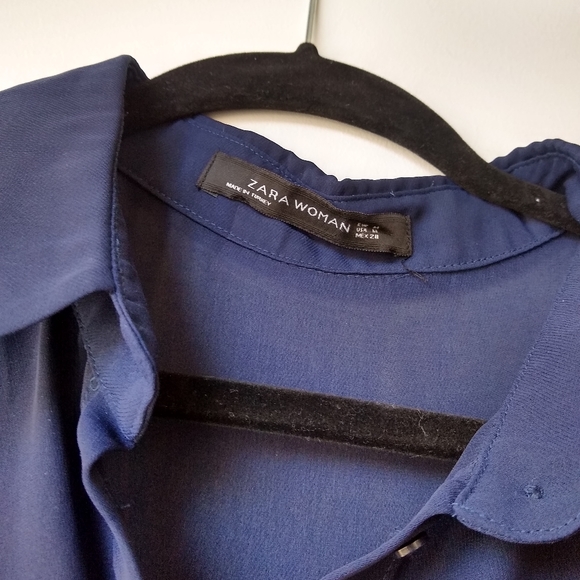 💙 zara navy semi sheer roll sleeve button down - Picture 4 of 5